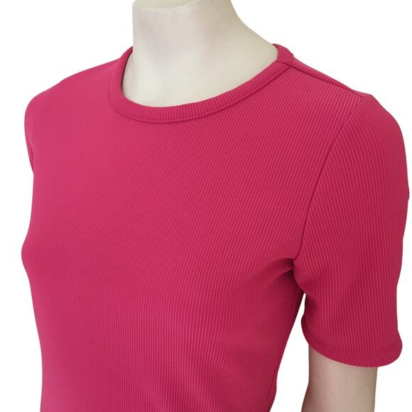 ELODIE Short Sleeve Ribbed Mini Sheath Dress in Barbie Pink SZ 6 - Picture 3 of 9